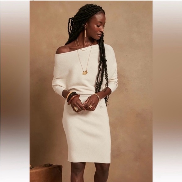 BANANA REPUBLIC, COLLETA, Off-Shoulder Cream Sweater Dress,Sophisticated, Size S - Picture 1 of 15